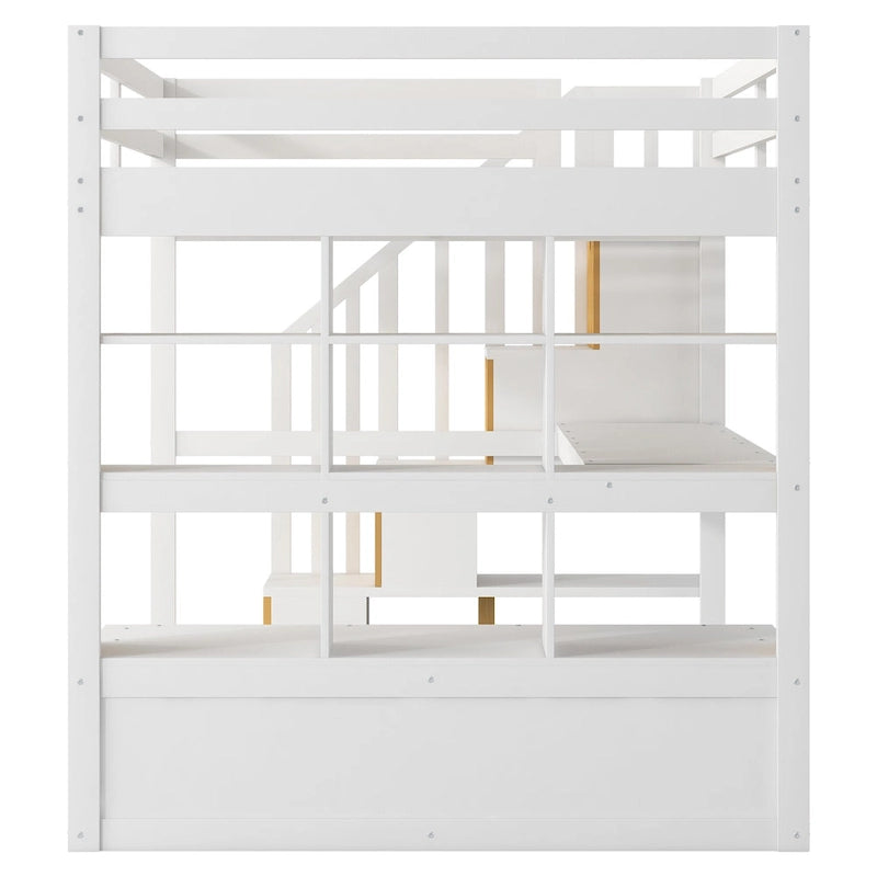 Full Size White Pine Wood Loft Bed with Desk Shelves Storage Drawers Staircase