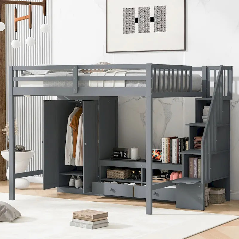 Gray Solid Wood Full Size Loft Bed with Built-in Wardrobe Storage Staircase