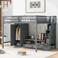Gray Solid Wood Full Size Loft Bed with Built-in Wardrobe Storage Staircase