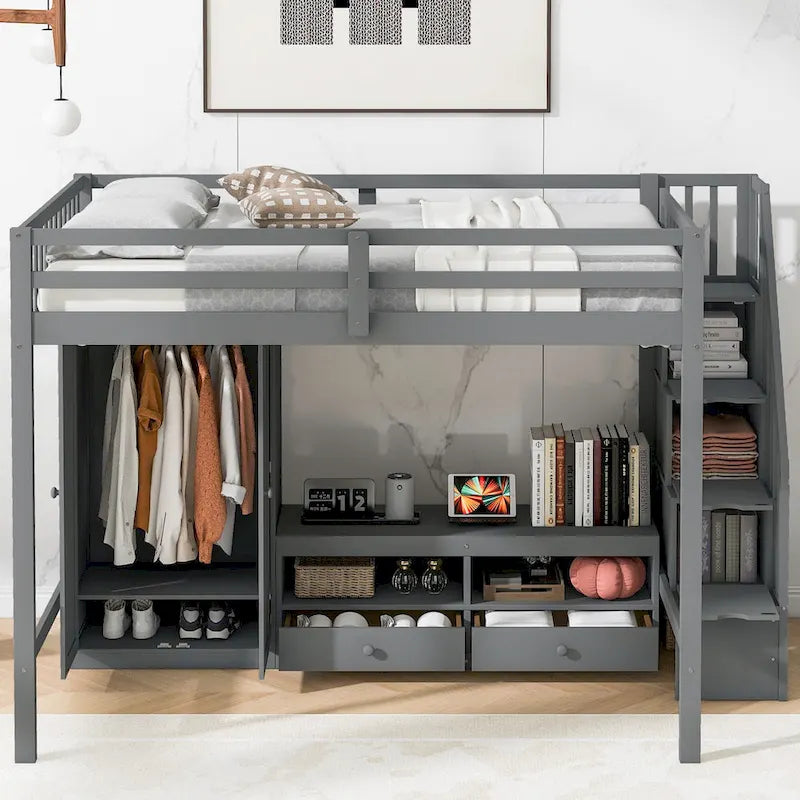 Gray Solid Wood Full Size Loft Bed with Built-in Wardrobe Storage Staircase