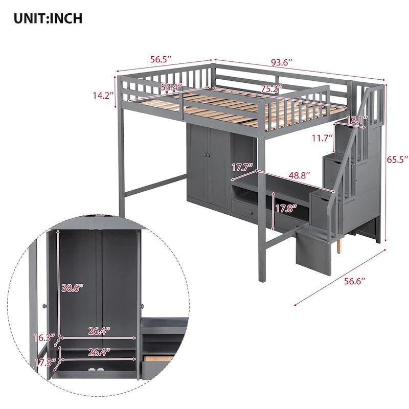 Gray Solid Wood Full Size Loft Bed with Built-in Wardrobe Storage Staircase