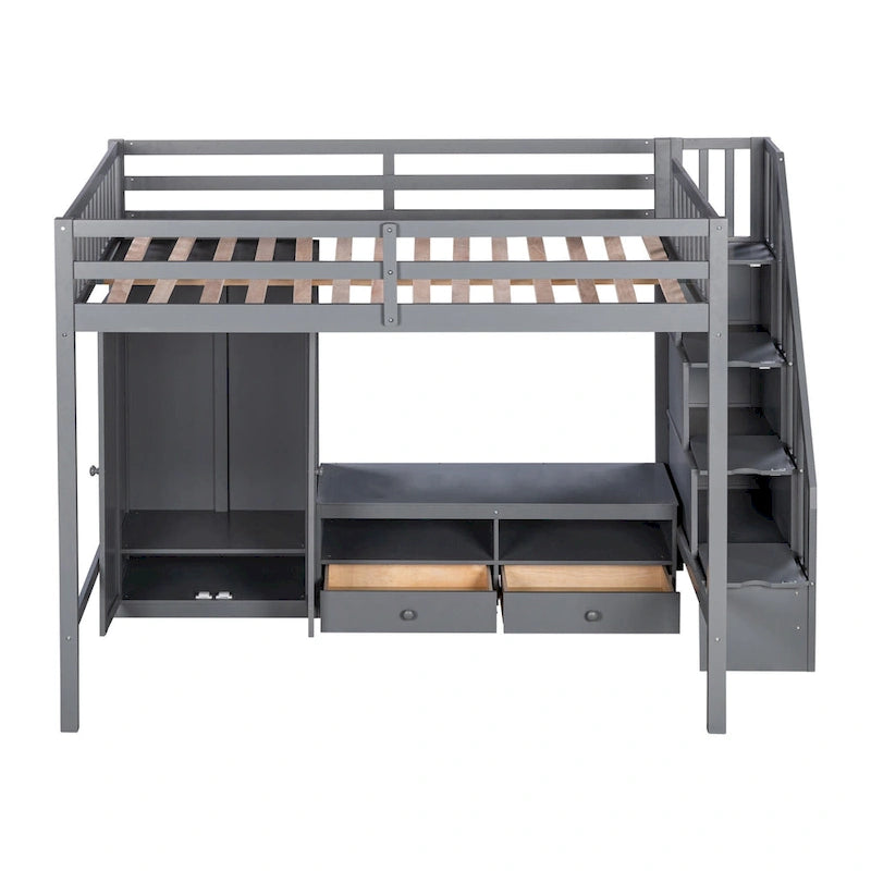 Gray Solid Wood Full Size Loft Bed with Built-in Wardrobe Storage Staircase