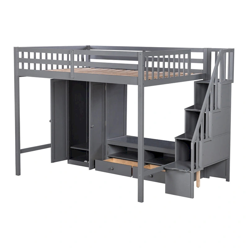Gray Solid Wood Full Size Loft Bed with Built-in Wardrobe Storage Staircase