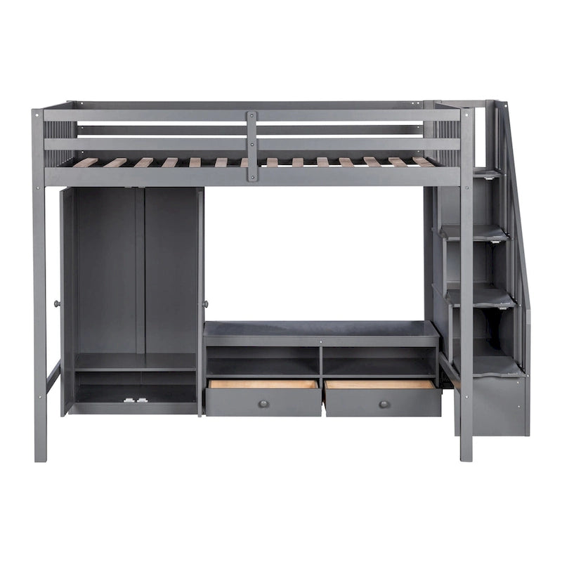 Gray Solid Wood Full Size Loft Bed with Built-in Wardrobe Storage Staircase