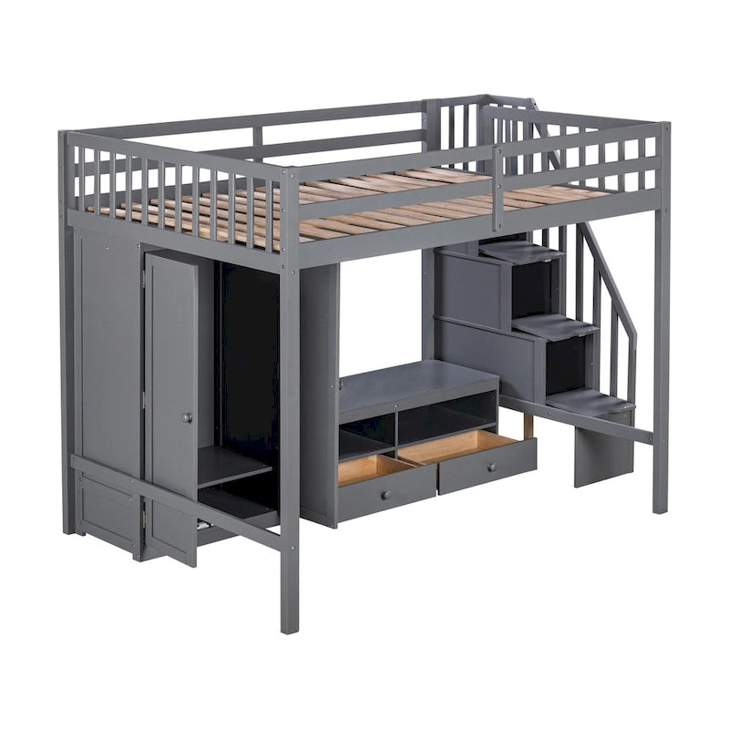 Gray Solid Wood Full Size Loft Bed with Built-in Wardrobe Storage Staircase