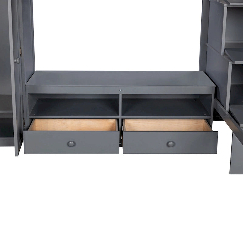 Gray Solid Wood Full Size Loft Bed with Built-in Wardrobe Storage Staircase