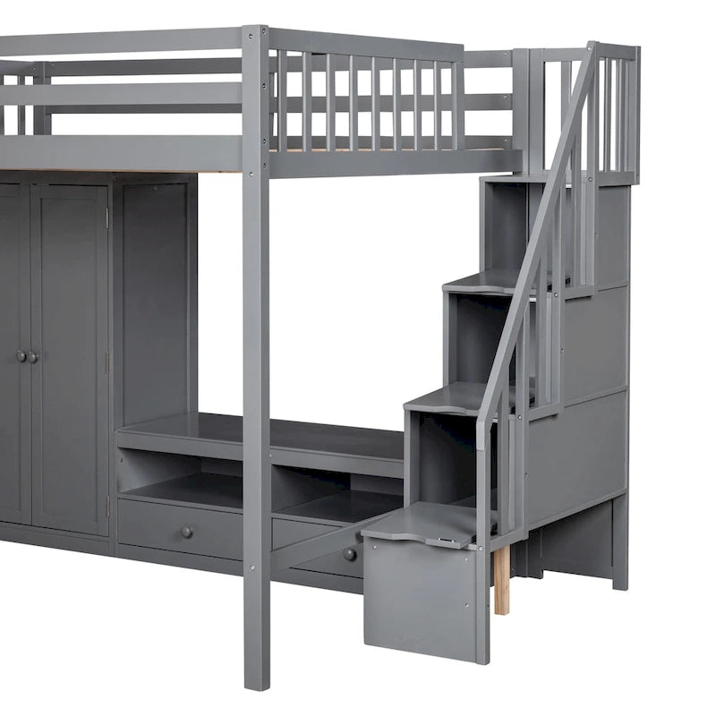 Gray Solid Wood Full Size Loft Bed with Built-in Wardrobe Storage Staircase