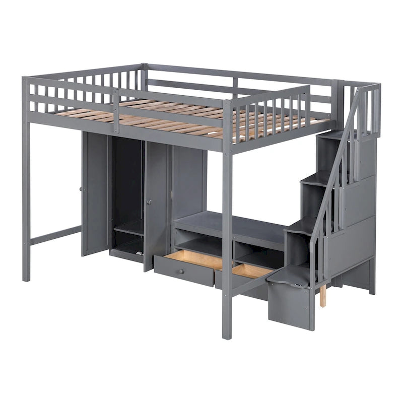 Gray Solid Wood Full Size Loft Bed with Built-in Wardrobe Storage Staircase