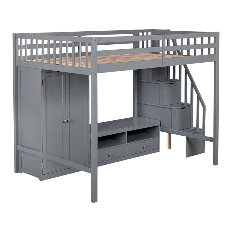 Gray Solid Wood Full Size Loft Bed with Built-in Wardrobe Storage Staircase