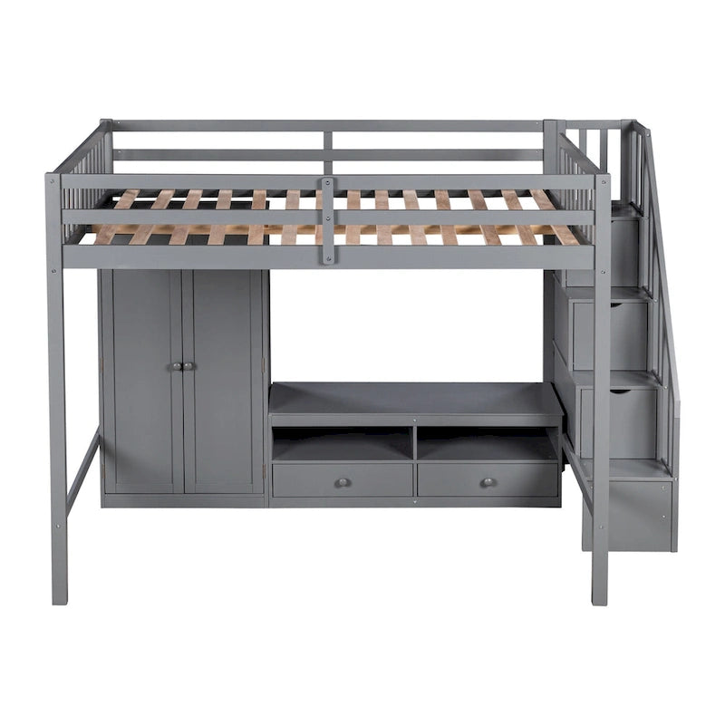Gray Solid Wood Full Size Loft Bed with Built-in Wardrobe Storage Staircase