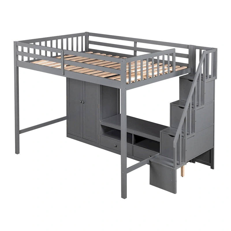 Gray Solid Wood Full Size Loft Bed with Built-in Wardrobe Storage Staircase
