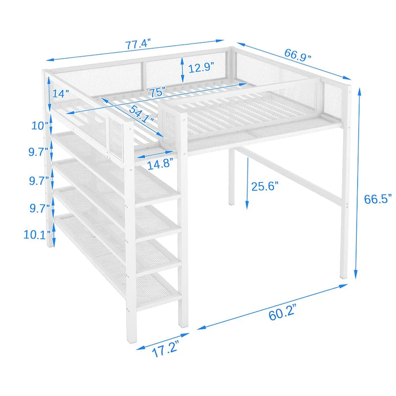 Twin Metal Loft Bed with Shelves Open Storage Guard Rail Ladder