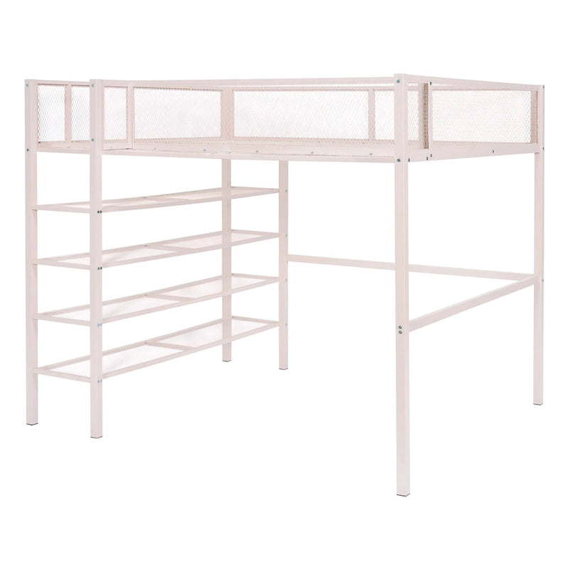 Twin Metal Loft Bed with Shelves Open Storage Guard Rail Ladder