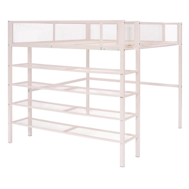 Twin Metal Loft Bed with Shelves Open Storage Guard Rail Ladder