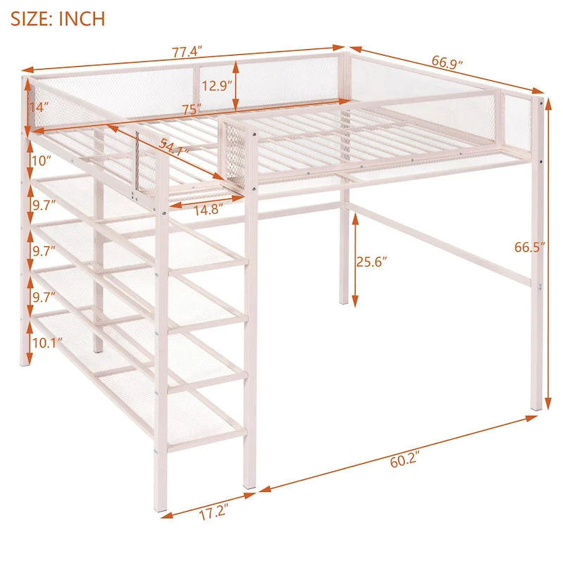 Twin Metal Loft Bed with Shelves Open Storage Guard Rail Ladder