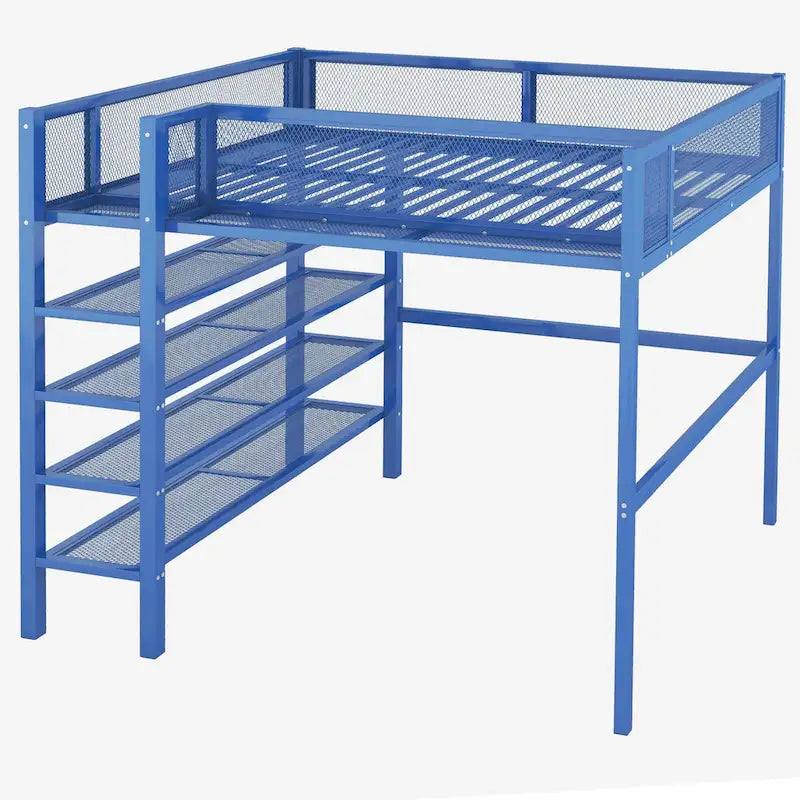 Twin-Metall-Hochbett mit Ablagefächern, offenem Stauraum, Rausfallschutz und Leiter