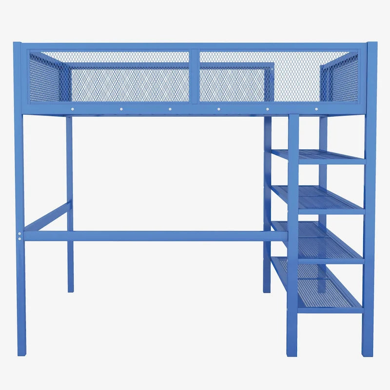 Twin-Metall-Hochbett mit Ablagefächern, offenem Stauraum, Rausfallschutz und Leiter
