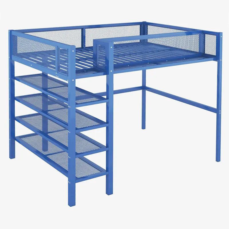 Twin-Metall-Hochbett mit Ablagefächern, offenem Stauraum, Rausfallschutz und Leiter