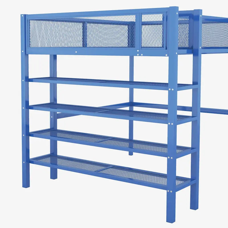 Twin-Metall-Hochbett mit Ablagefächern, offenem Stauraum, Rausfallschutz und Leiter