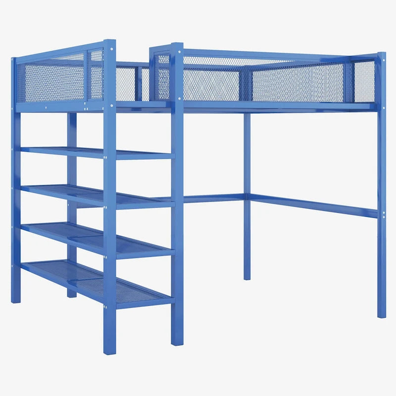 Twin-Metall-Hochbett mit Ablagefächern, offenem Stauraum, Rausfallschutz und Leiter