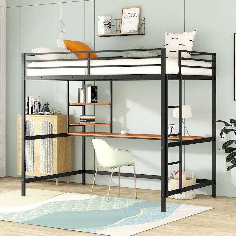 Black Full Size Metal Loft Bed with Built-In Desk and Side Ladder
