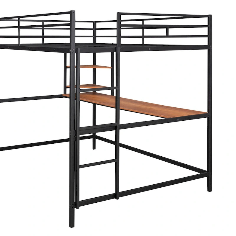 Black Full Size Metal Loft Bed with Built-In Desk and Side Ladder