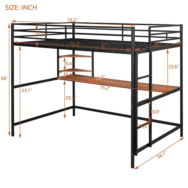 Black Full Size Metal Loft Bed with Built-In Desk and Side Ladder
