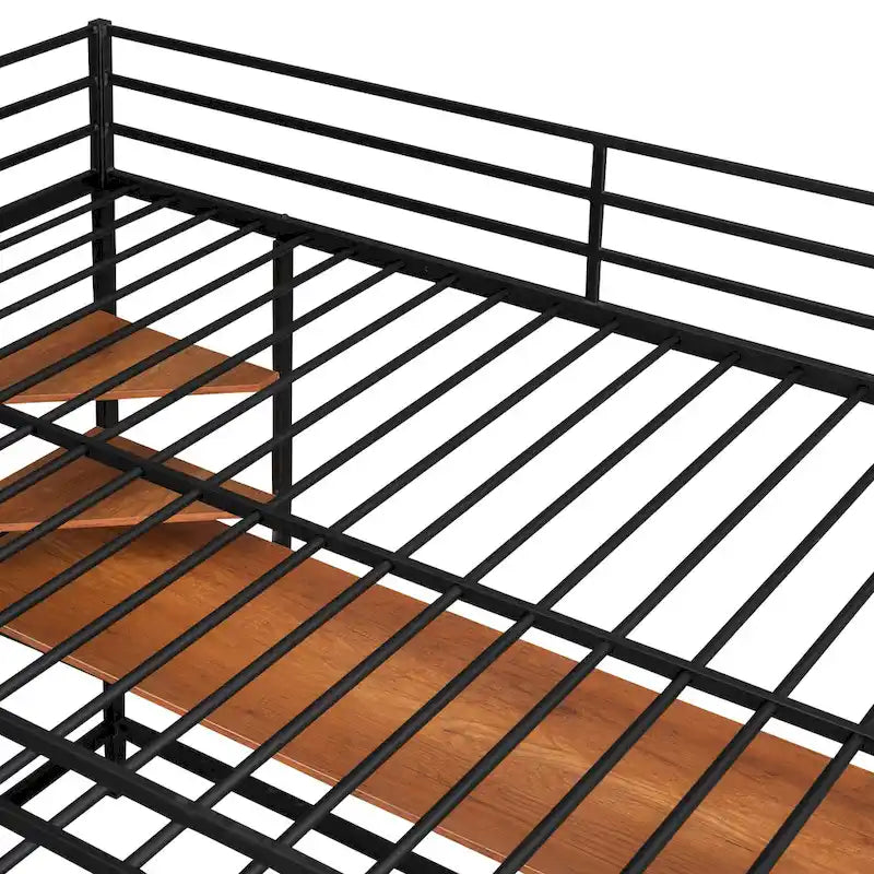 Black Full Size Metal Loft Bed with Built-In Desk and Side Ladder