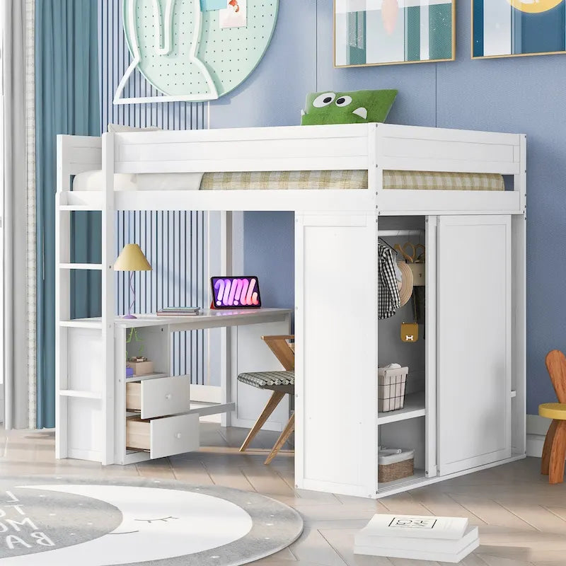 Lit mezzanine double en bois blanc avec bureau et meuble de rangement