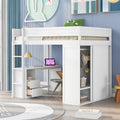 Lit mezzanine double en bois blanc avec bureau et meuble de rangement