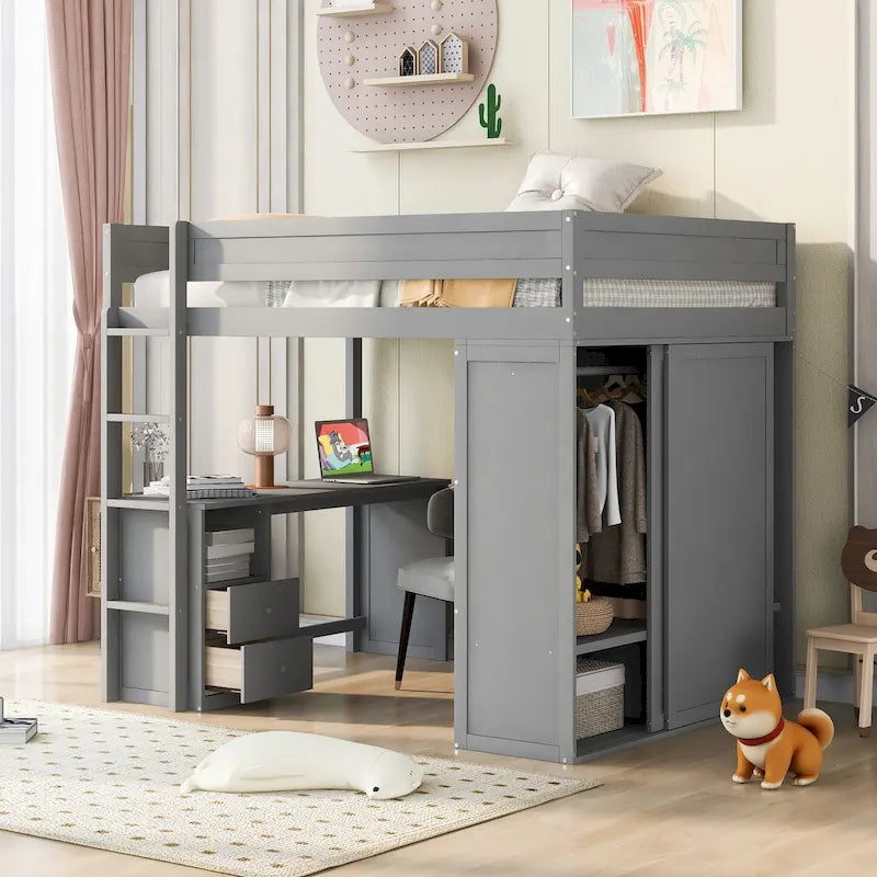 White Wood Full Loft Bed with Desk and Storage Cabinet
