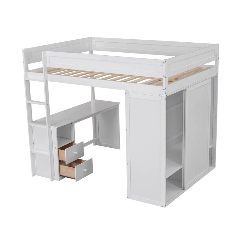 Lit mezzanine double en bois blanc avec bureau et meuble de rangement