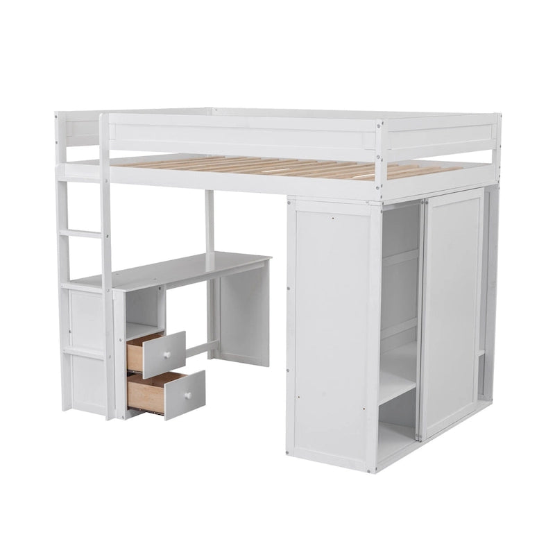 Lit mezzanine double en bois blanc avec bureau et meuble de rangement