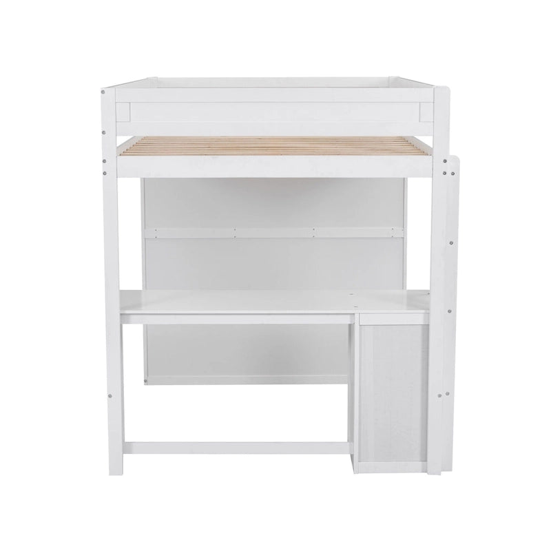 Lit mezzanine double en bois blanc avec bureau et meuble de rangement