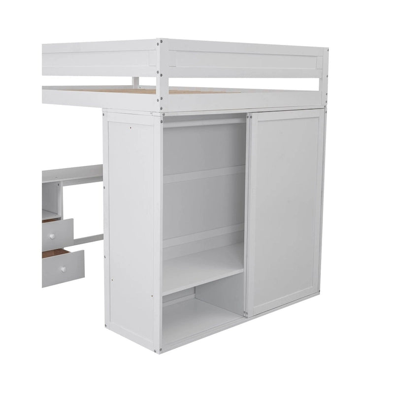 Lit mezzanine double en bois blanc avec bureau et meuble de rangement