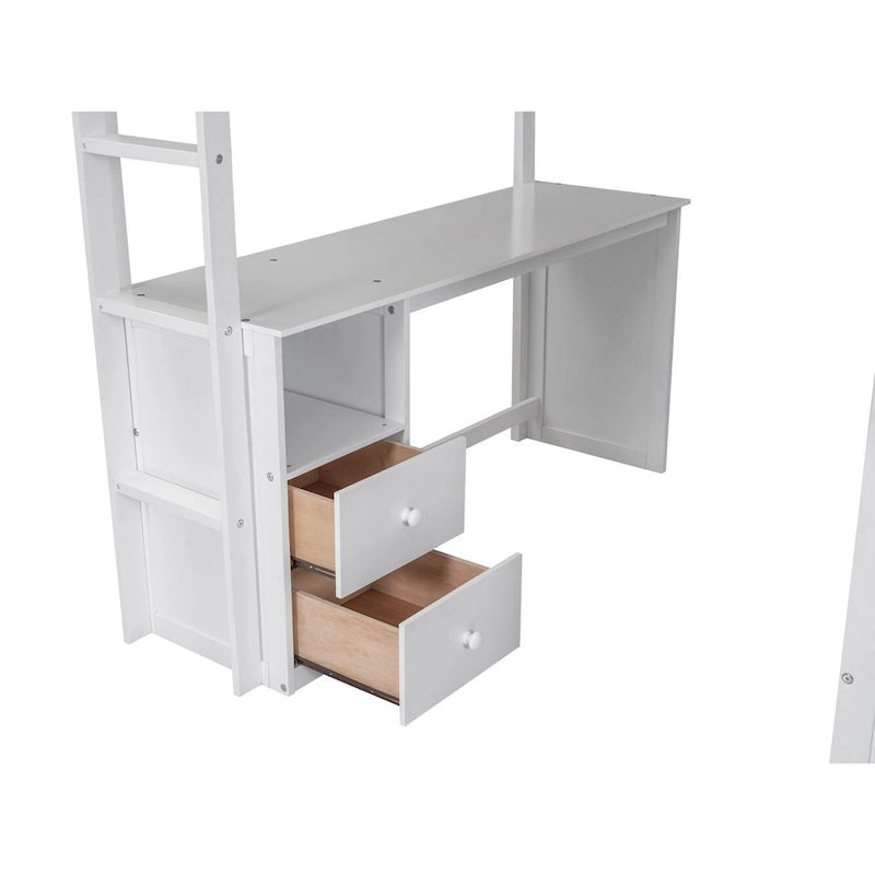 Lit mezzanine double en bois blanc avec bureau et meuble de rangement