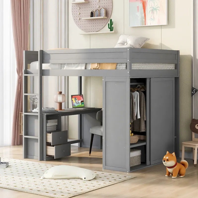 Lit mezzanine double en bois blanc avec bureau et meuble de rangement