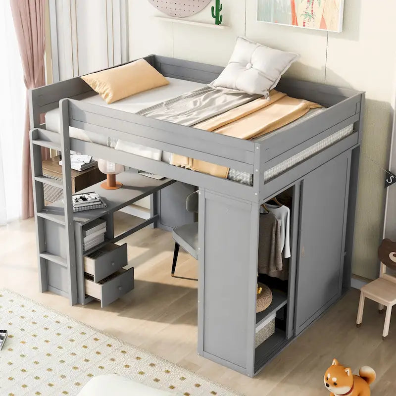 Lit mezzanine double en bois blanc avec bureau et meuble de rangement