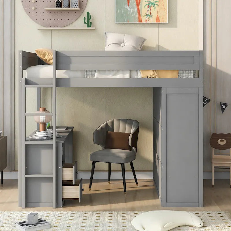 Lit mezzanine double en bois blanc avec bureau et meuble de rangement