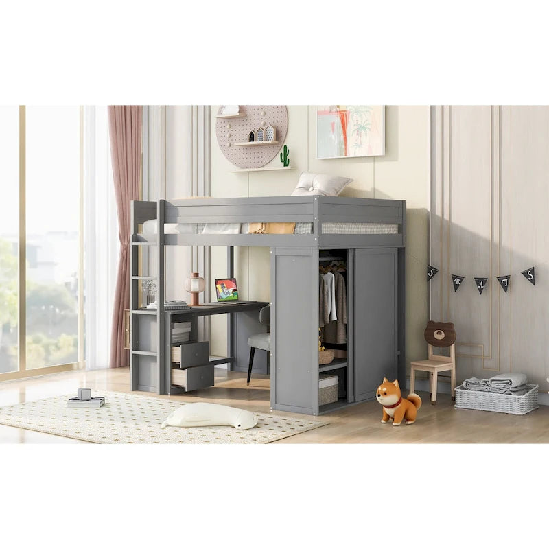 Lit mezzanine double en bois blanc avec bureau et meuble de rangement