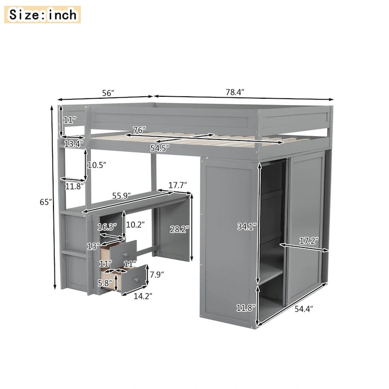 Lit mezzanine double en bois blanc avec bureau et meuble de rangement