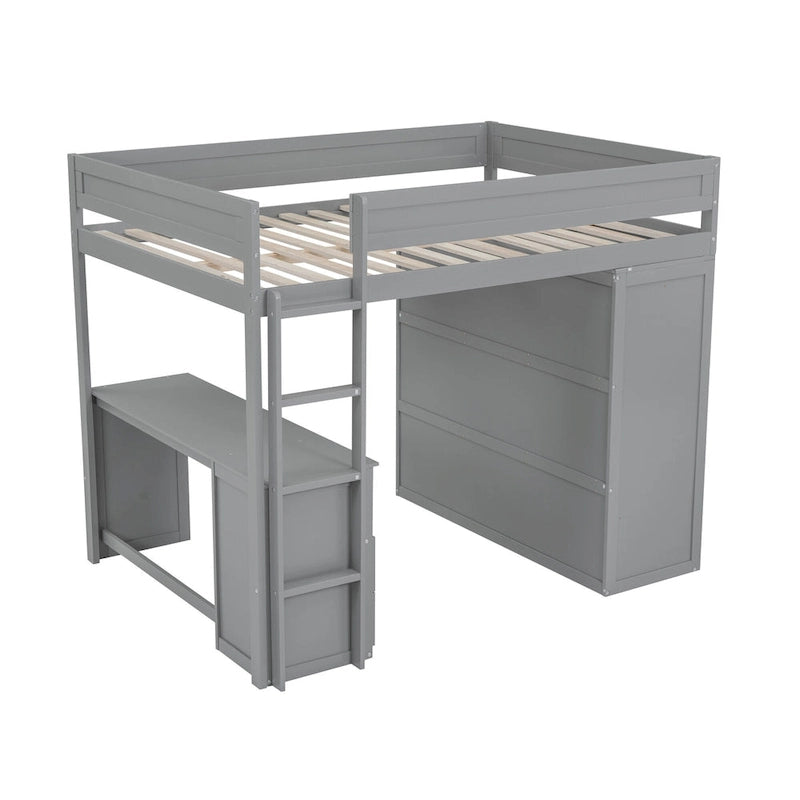 Lit mezzanine double en bois blanc avec bureau et meuble de rangement