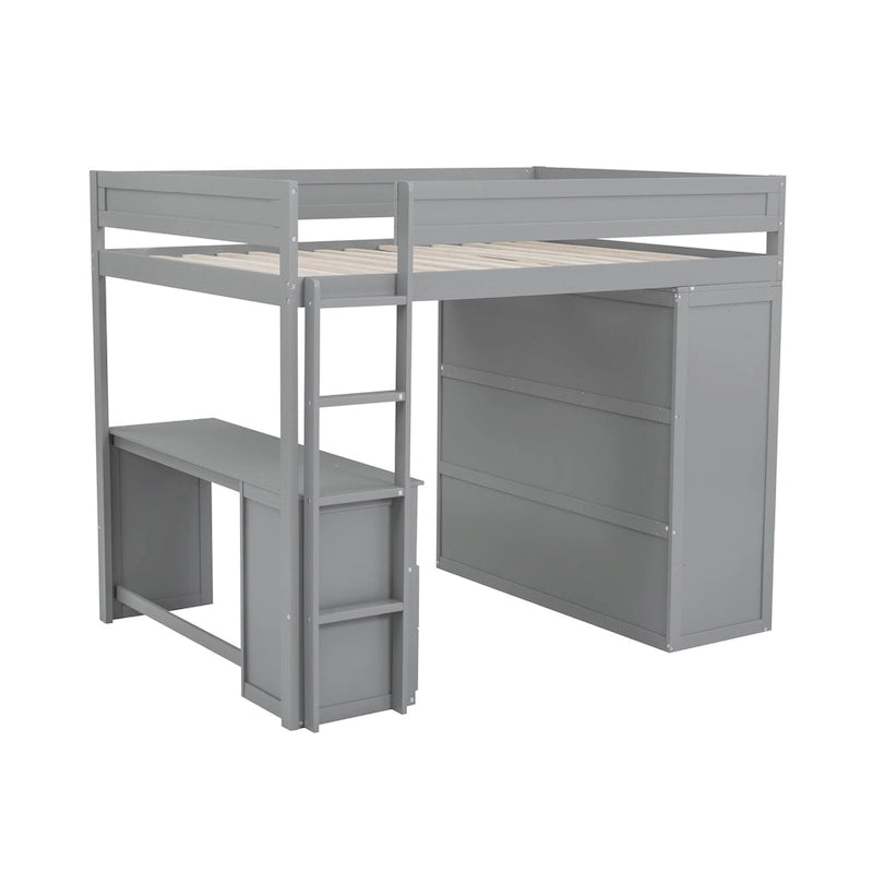 Lit mezzanine double en bois blanc avec bureau et meuble de rangement
