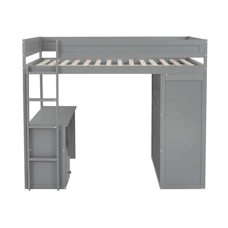 Lit mezzanine double en bois blanc avec bureau et meuble de rangement