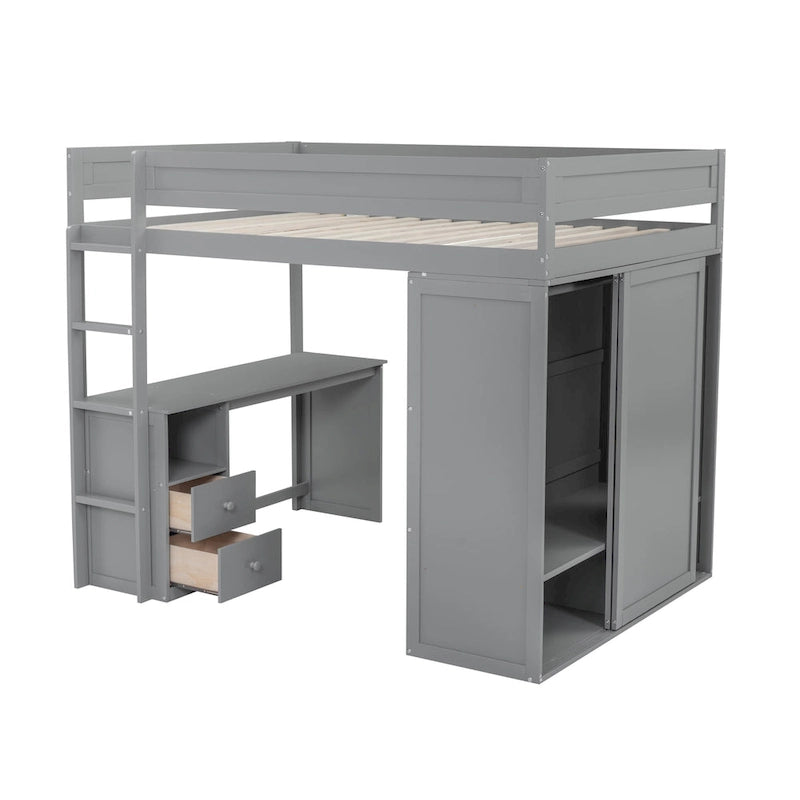 Lit mezzanine double en bois blanc avec bureau et meuble de rangement