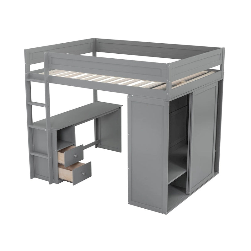 Lit mezzanine double en bois blanc avec bureau et meuble de rangement