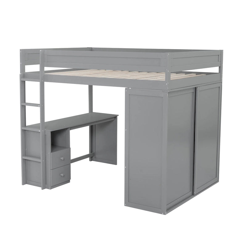 Lit mezzanine double en bois blanc avec bureau et meuble de rangement