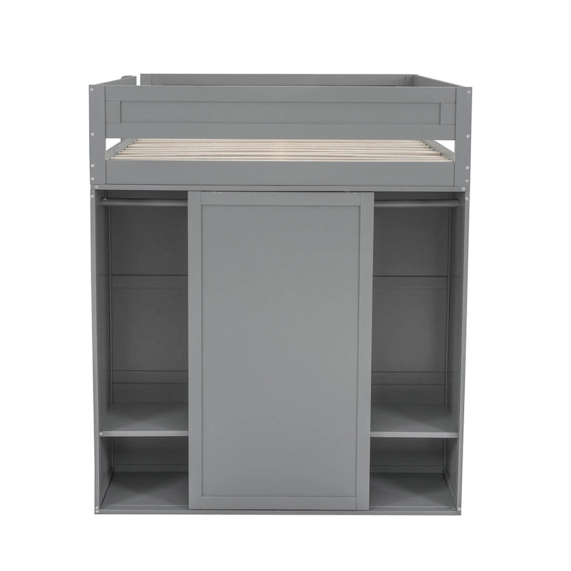 Lit mezzanine double en bois blanc avec bureau et meuble de rangement