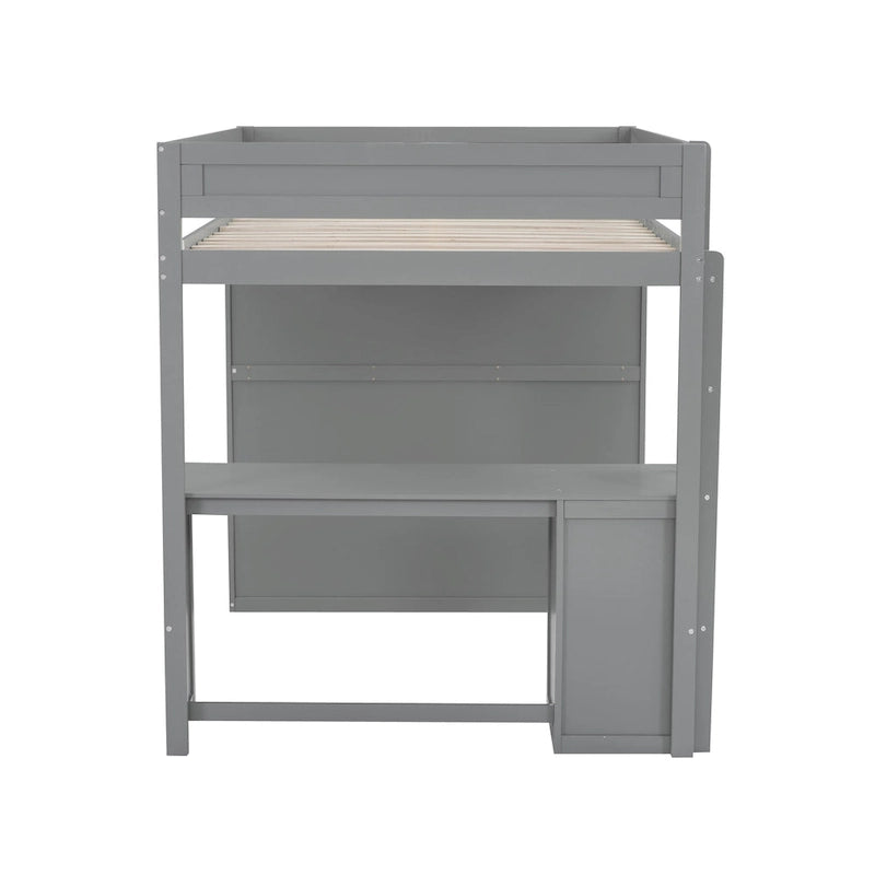 Lit mezzanine double en bois blanc avec bureau et meuble de rangement