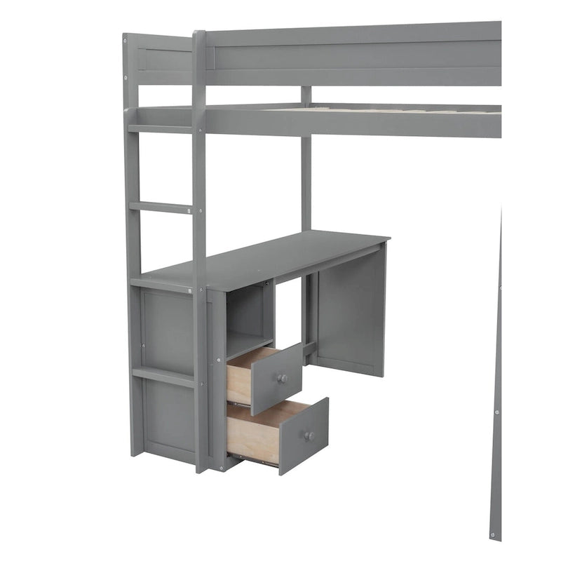 Lit mezzanine double en bois blanc avec bureau et meuble de rangement